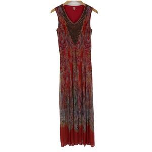 Reba Dress Womens Medium Red Mesh Paisley Beaded V Neck Sleeveless Maxi Boho
